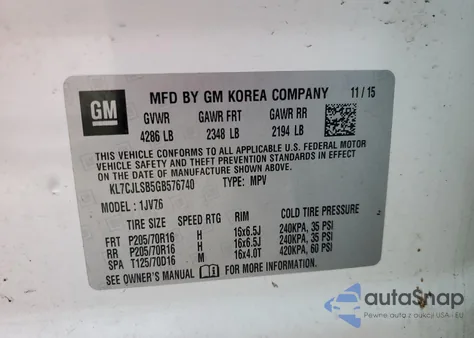 2016 Chevrolet Trax 1Lt from USA, damaged, VIN KL7CJLSB5GB576740